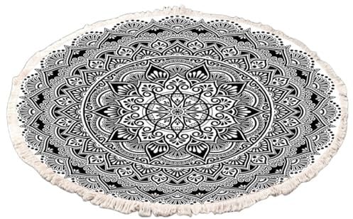 Terafeels Black Vintage Round Rugs 100cm Machine Washable Area Rugs with Tassel Non-Slip Short Pile Circle Carpets for Bedroom Living Room Kitchen Entryway 9100