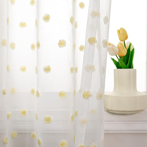 MYSKY HOME Gardine und Vorhänge mit Ösen Weiße Gardinen Wohnzimmer Schlafzimmer Vorhang 2er Set Gardine Halbtransparent Curtains for kinderzimmer, H 225 x B 140 cm, Gelb
