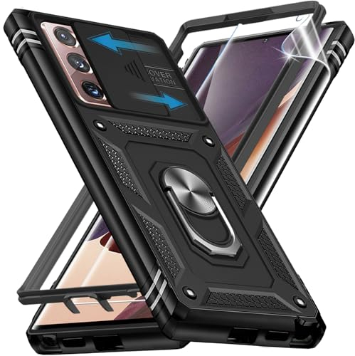für Samsung Galaxy Note 20 Ultra Hülle mit Schutzfolie, Handyhülle Note 20 Ultra Kameraschutz Kartenschlitz Metall Ring Ständer Stoßfest Bumper Schutzhülle für Samsung Note 20 Ultra Case (Schwarz)