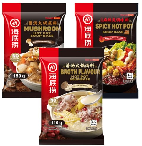 Haidilao Chinese Hot Pot Soup Base Seasoning Sauce 海底捞火鍋湯料 (3 Assorted Flavours - Mushroom, Malatang(Spicy), Broth)