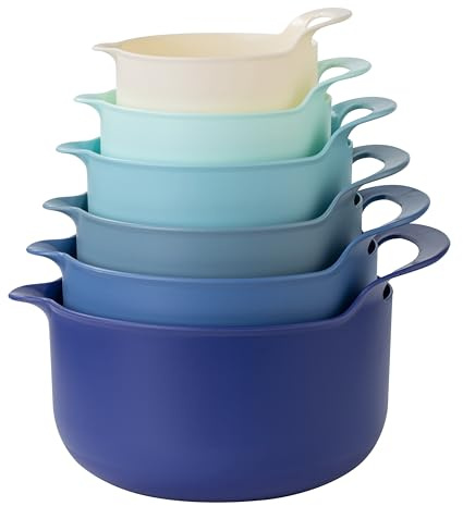 COOK WITH COLOR Non-Slip Mixing Bowls - 6 Piece Nesting Plastic Mixing Bowl Set with Pour Spouts and Handles-Measurement Markings (Blue)
