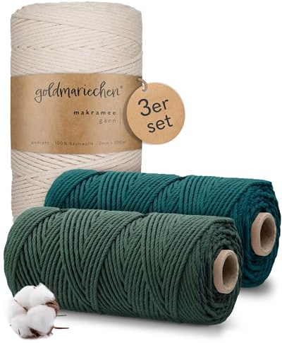 goldmariechen Premium Makramee Garn 3er Set (Naturell, Petrol, Tannengrün) | 3mm x 100m | 100% Baumwolle | plastikfreie Verpackung | Makramee Baumwollgarn für DIY Handwerk