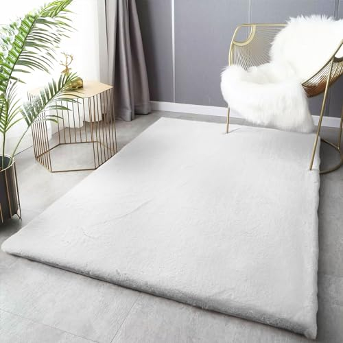 VIMODA Fellteppich Deluxe waschbar: Eleganter Hochflor Teppich Akzent Einfarbig, kuschelig für Ihr Wohnzimmer oder Schlafzimmer, Farbe:Weiß, Maße:80x150 cm