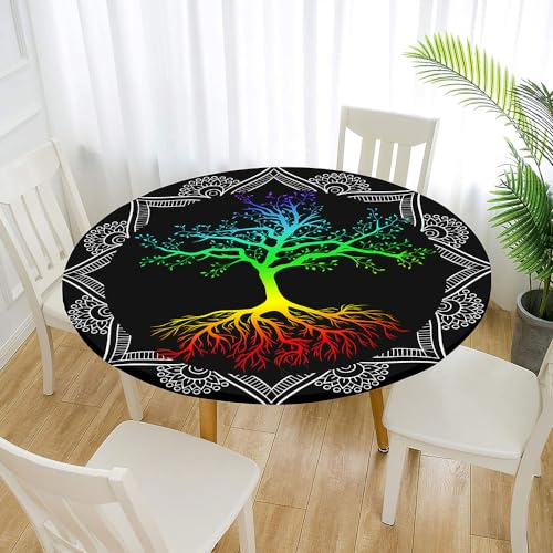 Morbuy Rund Tischdecke Elastisch, Baum des Lebens Drucken Lotuseffekt Tischdecke Rund Tischdecken Abwaschbar Gartentischdecke Indoor Outdoor Tischtuch (Mandala,Für Tisch 50-60 cm)