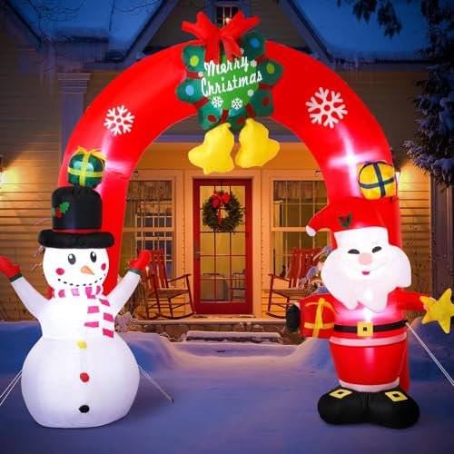 Arco Gonfiabile Natalizio 8,2ft/250cm con Luci LED - Decorazione Esterna con Pupazzo di Neve e Babbo Natale per Giardino