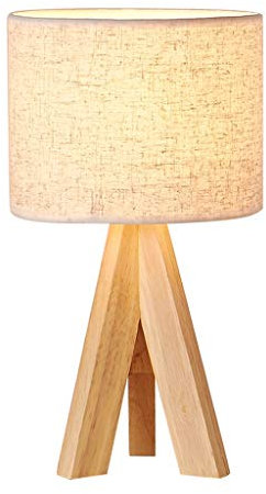 Bedside Table Lamp Creative Mini Wooden Tripod Nightstand Lamp for Bedroom, Living Room, Office, Home Fabric Linen Shade 11” Desk Lamp Table Lamp