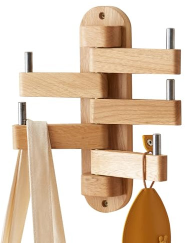 TRWISWDC Schwenkbare Garderobenleiste aus Eichenholz, Wandhaken für die Wand, Holzwandhaken mit 5 drehbaren faltbaren Armen, 30,5 cm Länge, Wandgarderobe, Huthaken für Badezimmer, Eingangsbereich,