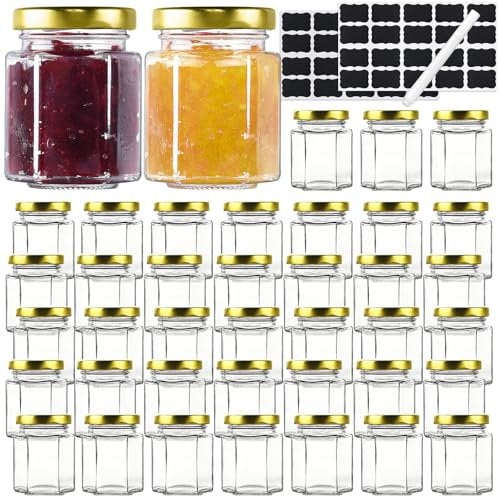 Absovetu Paquete de 40 tarros pequeños de vidrio con tapas de metal y etiquetas de 100 ml/96.4 g – Tarros reutilizables para mermelada con tapas, pequeño tarro hexagonal para miel para especias,