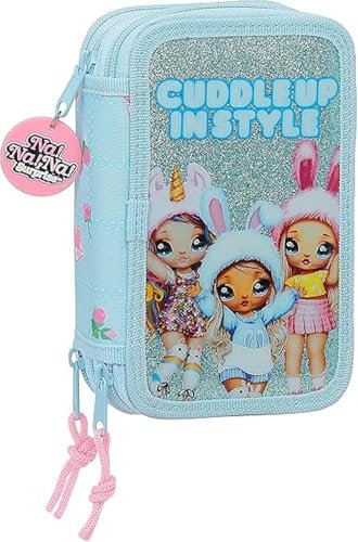 PRESTIGE & DELUXE Estuche Na Na Na Surprise Glitter Azul Escuela Primaria Triple con 18 Lápices de Colores, 18 Rotuladores y Set Papelería + Regalo Llavero lentejuelas y bolígrafo de color,