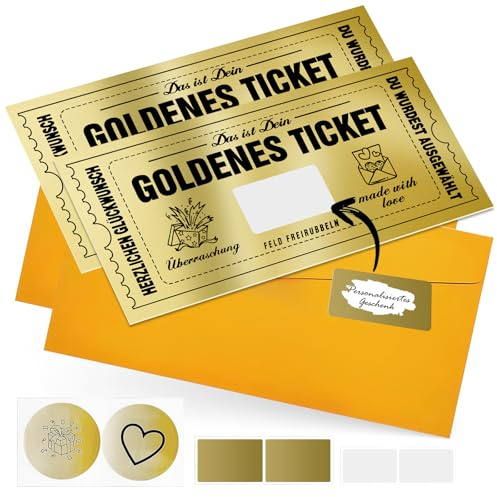 NEWJEK 2er Set Goldenes Ticket Gutschein Rubbelkarte zum Selber Ausfüllen | Inkl. Umschlag & Rubbelaufkleber, edle Goldfolie, DIY Wunschgutschein für Geburtstag & Reise, hochwertiger Karton