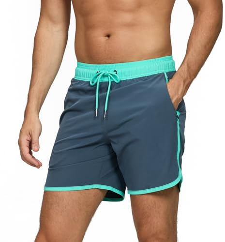 TMEOG Bañador Hombre Short de Playa Surf Secado Rapido Pantalones Cortos Cordon Bañadores Piscina Natacion Retro Traje de Baño con Bolsillo y Forro de Malla Swimming Shorts(Gris,XXL)