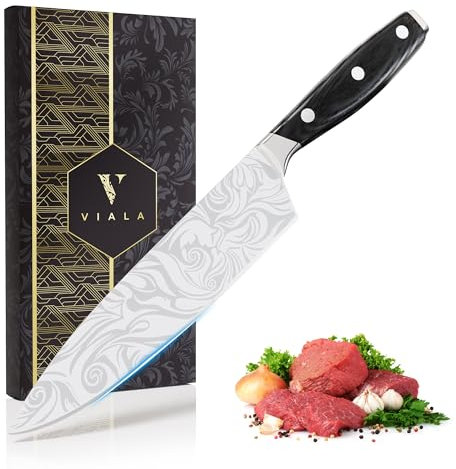Viala Chef Knife, Ultra Sharp 8 Inch Kitchen Knife with Long Lasting Blade for Professional Cooking, Stainless Steel Chopping, Carving and Slicing Chefs Knife with Black Wood Handle