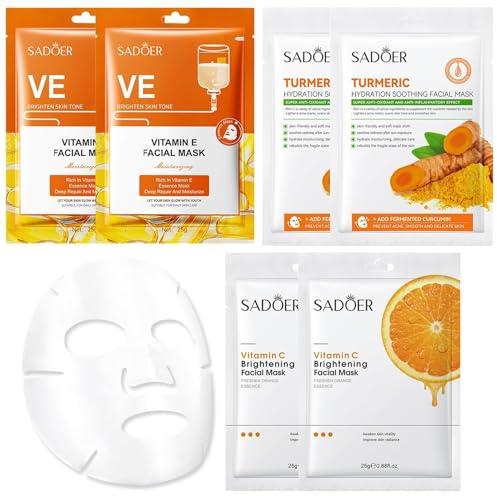 Dongcill 6 Stück Gesichtsmaske Frauen,Gesichtsmaske,Gesichtsmasken beauty | Vitamin C-Maske*2 + Vitamin E-Maske*2 + Kurkuma-Maske*2,Gesichtsmasken set,beruhigend feuchtigskeitsspendend.