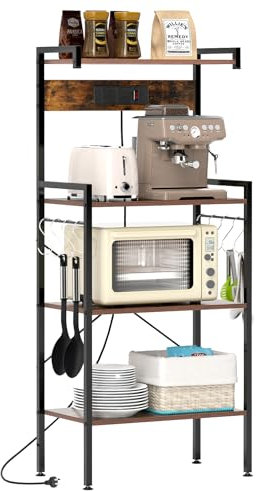 COSTWAY Küchenregal mit Steckdosen, 4-stufiges Mikrowellen-Regal mit 8 S-förmigen Haken, Standregal für Küche, Esszimmer, Wohnzimmer, Rustikales Braun