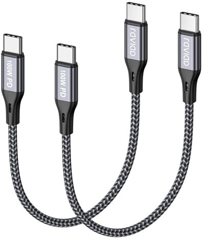 RAVIAD 100W Câble USB C vers USB C Court [30CM/Lot de 2], Câble Type C Charge Rapide PD 5A/20V avec Puce E-Mark pour iPhone 16/15, Samsung Galaxy S23/S22/S21, MacBook, Tablette, Huawei