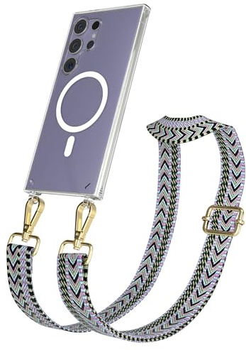 EAZY CASE Handykette - Verstellbares Taschenband kompatibel mit Galaxy S24 Ultra, Schulterriemen, Handykordel mit Silikon Hülle, Qi Charging kompatibel, Umhängetasche, Lila Grün Gold