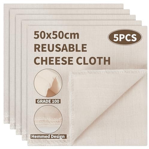 5PCS Cheesecloth, Grade 100 Unbleached Muslin Cloths for Cooking, Reusable Ultra Fine Cheese Cloths, Washable Hemmed Straining Cloth for Filtering Nut Milk, Butter, Juice, Tea, Coffee (50 x 50 cm)