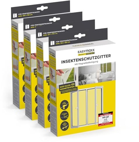 EASYmaxx Insect Protect Fliegengitter Fenster mit Magnetbefestigung | zuschneidbares Moskitonetz | Insektenschutz Fenster bis 130 x 150 cm | Mückenschutz Magnet - leichte Montage [4 Stück]