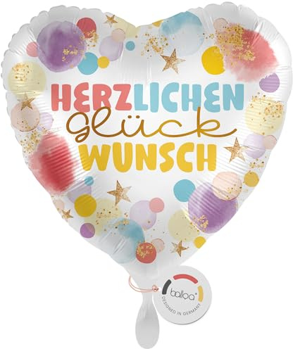 balloa Herzballon Herzlichen Glückwunsch, Folienballon, 33 cm | Bunte Aufschrift Herzlichen Glückwunsch, Herzform, heliumgeeignet, ungefüllt, Deko für Geburtstag und Gratulation