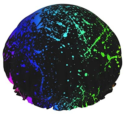 Glow In Dark Splatter Neon Shower Cap Reusable Double Waterproof Layers Bathing Shower Hat Hair Protection Shower Hat