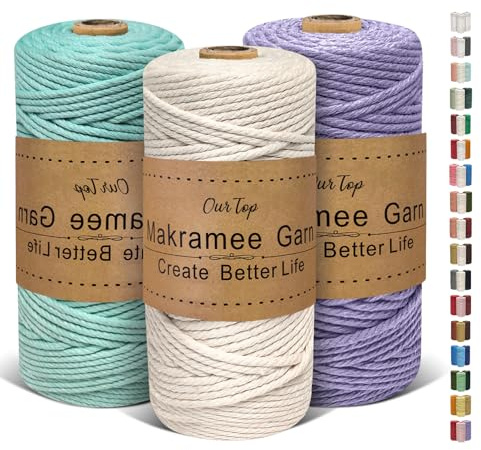 OurTop Premium Makramee Garn 3er Set, 3mm x 100m Macrame Cord Makramee Schnur Makramee Kordel, Garn für DIY Handwerk, Weben Dekoration, Hängepflanze Pflanze Aufhänger(Natur, Wasserblau, Lila)