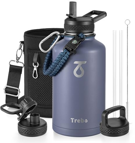 Trebo Insulated Water Bottle 2 L Stainless Steel with Paracord Handle & Bag | Large Metal Half Gallon Jug with 3 Lids, Strap, Triple Wall Vacuum, Cold 48 Hrs, Dishwash safe, Wide Mouth, for Sports, Gym