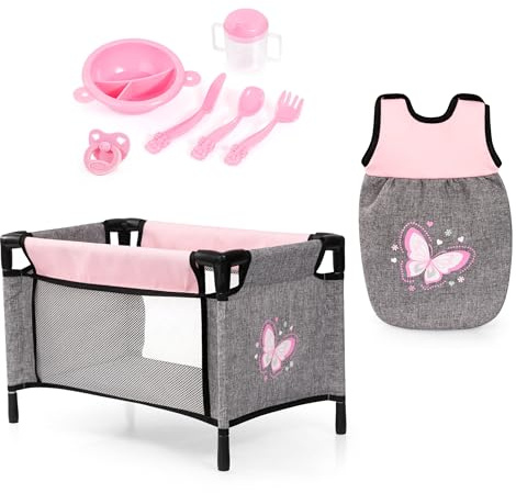 Bayer Design 61733AE Accesorios para muñecas, Cama para muñecos, Saco de Dormir, Vaso, Cubiertos, Plato y Chupete