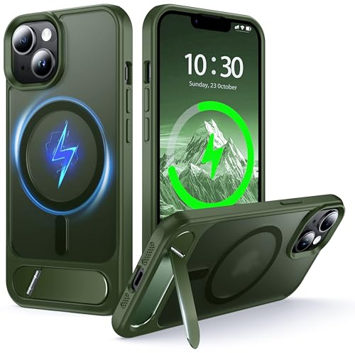 NJROW Magnetic Stand for iPhone 14 Plus/iPhone 15 Plus Case with MagSafe | [Stand & Wireless Charging 2in1] [Flush Kickstand] [Military Shockproof] Slim Translucent Matte, Green