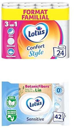 Lot de Papier toilette LOTUS Style x24 Rouleaux Format Familial + Lotus Papier Toilette Humide Sensitive - Sans colorant, ni parfum - Fibres FSC 100% d’origine naturelle - 42 feuilles (lot de 1)