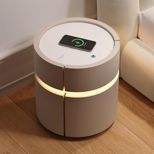 Homary Nachttisch mit Ladefunktion, Smart Nachtschrank mit 2 Schubladen, Sattelleder & Sinterstein, 40x40x52cm, Moderner Beistelltisch mit LED-Beleuchtung für Schlafzimmer, Rundes Design