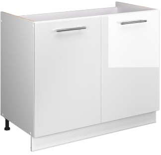 Vicco Spülenunterschrank Fame-Line, Weiß Hochglanz/Weiß, 100 cm | MDF-Front · Ohne Arbeitsplatte · Höhenverstellbare Füße · Metallgriffe · Soft-Close