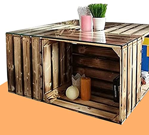 Couchtisch aus geflammten Apfelkisten auf Rollen 81x81x44cm