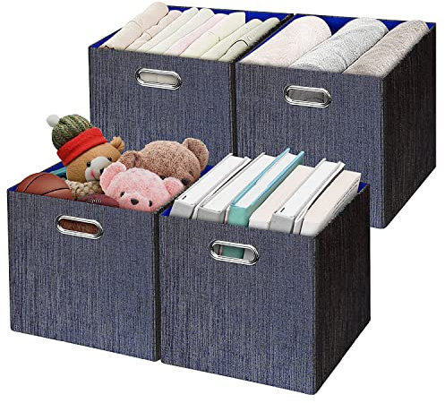 Posprica Storage Boxes, Foldable Organiser Cube Basket Bin, Thick and Heavy Duty (28×28×28cm/4pcs, Navy)