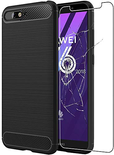 ebestStar - Hülle für Huawei Y6 2018, Silikon Handyhülle Cover, Carbon Fiber Texture Schutzhülle, Schwarz + Panzer Schutz Glas