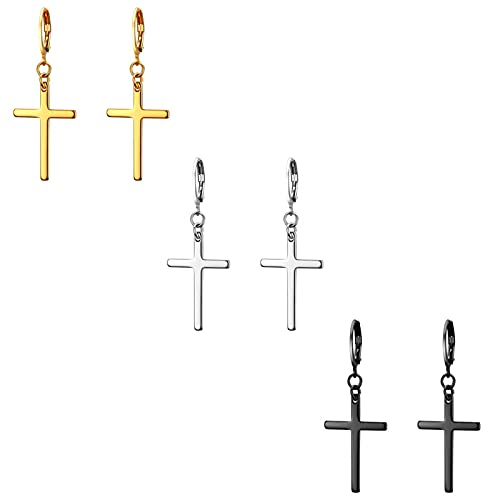 Flongo 3 Paar Kreuz Ohrringe aus Edelstahl Creolen Ohrringe mit Kreuz Anhänger Damen Ohrringe Herren Ohrstecker Kreuz Schmuck Geschenk zu Ostern Weihnachten Halloween
