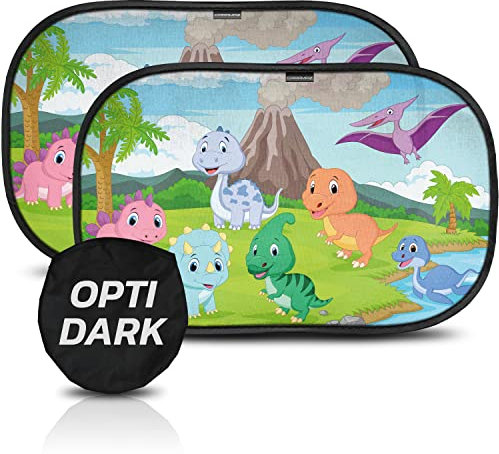 Parasol Coche con protección UV Óptima Oscuridad - Autoadhesivo, para Proteger del Sol a bebés y Mascotas, 2 parasoles para bebé con diseño (Dino Óptima Oscuridad)
