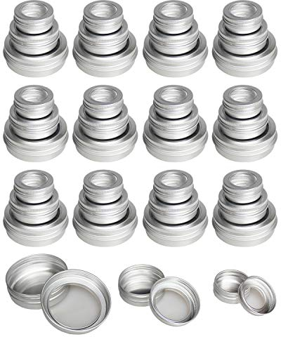 LJY 48 Pieces Round Metal Tins Empty Aluminum Cans Storage Containers Screw Lids with Clear Window, Mixed Sizes