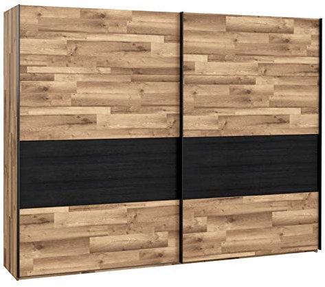 Furniture24 Kleiderschrank JAKOBINA RCQS12411 Schlafzimmerschrank Schiebetür Schwebetürenschrank mit 3 Einlegeboden und 3 Kleiderstange in Staabeiche/Schwarz Eiche
