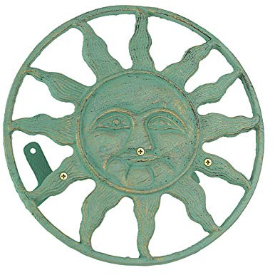 Sun Face Garden Hose Holder, 12 Inch Diameter Verdigris Green Cast Iron