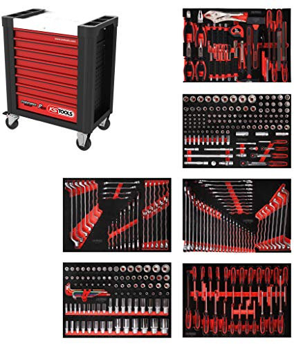 KS Tools 810.6366 PERFORMANCEplus Werkstattwagen P10 mit 8 Schubladen, bestückt mit 366 Werkzeugen in 6 Einlagen für 6 Schubladen