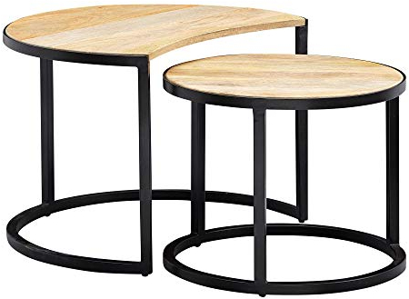FineBuy Couchtisch 2er Set Mango Massivholz/Metall Wohnzimmertisch Rund, Industrial Beistelltisch mit Metallbeine Schwarz, Tischset 2-teilig Satztisch Holz