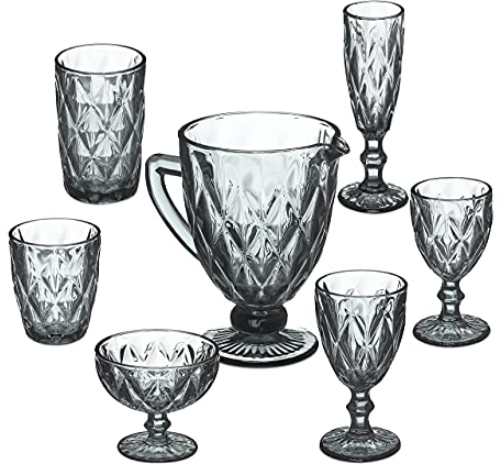 Relaxdays Gläser Set, 7-teilig, Krug, Eisbecher, Sektglas, je 2 Trinkgläser & Weingläser, Gläser spülmaschinenfest, grau