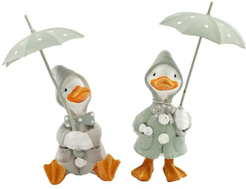 Cute Rainy Day Duck With Umbrella - Set Of 2 Decorative Ornaments - Duck Egg Blue Green/White - 11 cm approx