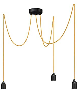 Relight Pendelleuchte 3-flammig Kraken (höhenverstellbar), E27 Lampenfassungen aus Bakelit, 3x 3 Meter Textilkabel Gold