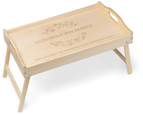 Maverton Serviertablett mit Gravur, Tabletttisch mit Griffen, Hellbraun | klappbare Beine, erhöhter Rand, Geburtstagsgeschenk für Männer, Einzugsgeschenke, Hellbraun, Leckereien