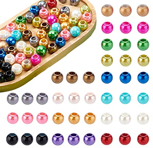 NBEADS Über 150 Stück ABS Pearl Perlen, 15 Farben Kunststoff Imitation Pearl acryl Runde Kunstperlen Große Loch Lose Spacer Europäische Perlen Für DIY Dreamcatcher Schmuckherstellung, Bohrung: 5mm