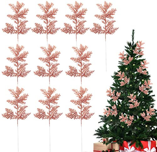 MOTONG 10 PCS Glitter Christmas Tree Pine Leaves, Artificial Picks, Pine Needles Simulated Branch for Xmas Tree Wreath Seasonal Decoration (Rose Gold)