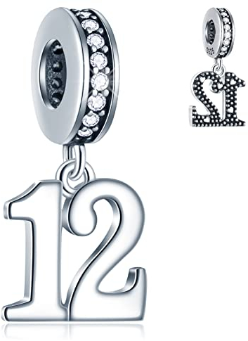 12-Jahr Geburtstag Dangle Charms passt Pandora Frauen Armband, 925 Sterling Silber 12th Anniversary Anhänger Perlen mit Geburtssteinen, Anzahl 12 Bday Geschenke für Freunde/Schwester/Junge