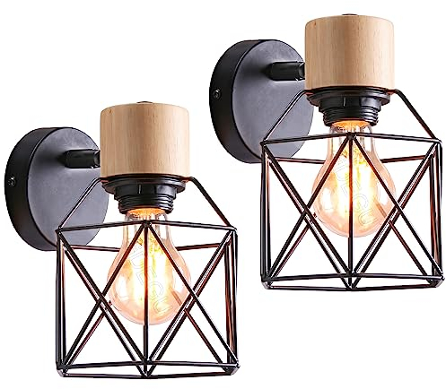 iDEGU 2 Piezas Lámparas de Pared Vintage 15CM Aplique Pared Interior de Madera y Metal Industrial Diseño de Jaula Ajustable Iluminación E27 Luz de Techo para Dormitorio Pasillo Salón Café (Negro)