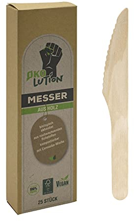 Ökolution Holzmesser Einweg-Besteck Einweg-Messer aus Holz, 25 Stück, mit Carnauba-Wachs überzogen, FSC-Zertifiziert, in umweltfreundlicher Verpackung
